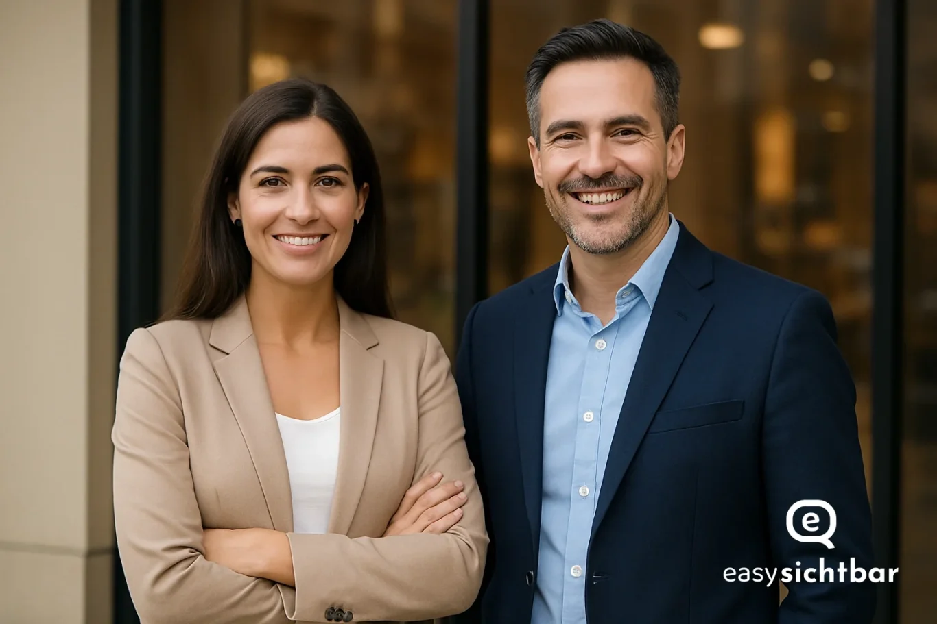 Die easy sichtbar Methode hilft Kleinunternehmern im Online-Marketing Eine Frau und ein Mann tragen Business-Kleidung und stehen vor einem Geschäft